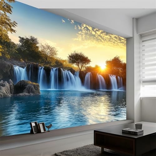 Fototapete Natürliche Landschaft Wanddekoration, Landschaft Wasserfall Sonne Tapeten Wandtapete 300 x 210 cm (B x H), für Wohnzimmer Schlafzimmer Wandtapete Panorama Poster Wandbild für Kinderzimmer