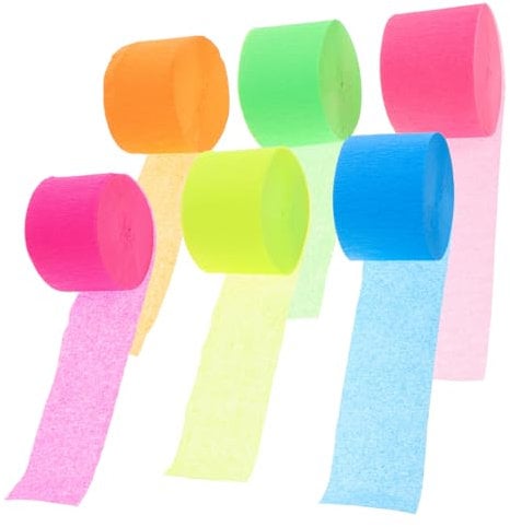 SHOWERORO 6pcs Neon Crepe Paper Streamers Vibrant Rolls for Birthday Party Decorations Includes Fluorescent for Festive Atmosphere