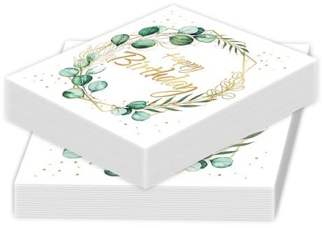 AIZHAZHA 40 Stück Servietten Geburtstag Eukalyptus Grün, Happy Birthday Servietten Goldgrün, Geburtstagsdeko Tisch Servietten Salbeigrün, Tischdeko Geburtstag Napkins Frau Mann