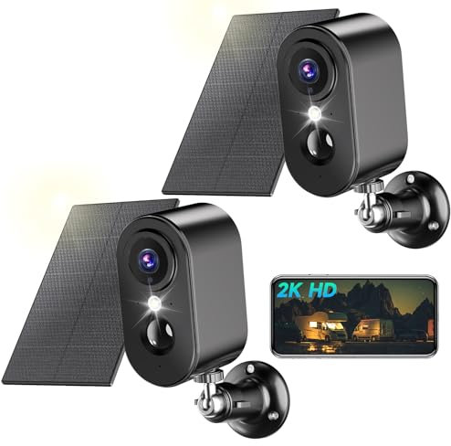 PESAIR 2K Telecamera di sorveglianza WiFi con pannello solare - Telecamera di sorveglianza WiFi Esterna senza fili Batteria, visione notturna Colore, PIR Rilevamento Movimento, IP66, 2 Pack