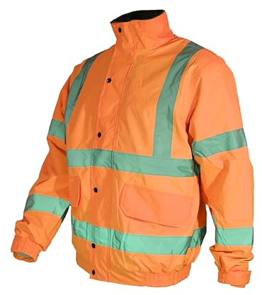 Atomic Workwear Fleece Lined Hi-Vis Bomber Jacket With Pack Away Hood | Waterproof Hi-Vis Coat With Elasticated Cuffs, Full Fleece Lining & Embroidery Access (UK, Alpha, 4XL, Regular, Regular, Orange)