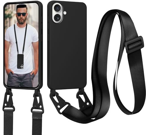 Woijrly Coque pour iPhone 16 avec Cordon, Collier pour Étui en Silicone Liquide avec Portable Sangle Réglable Bandouilière Lanyard Colliers Lanière, Housse TPU Anti-Choc Case, Noir