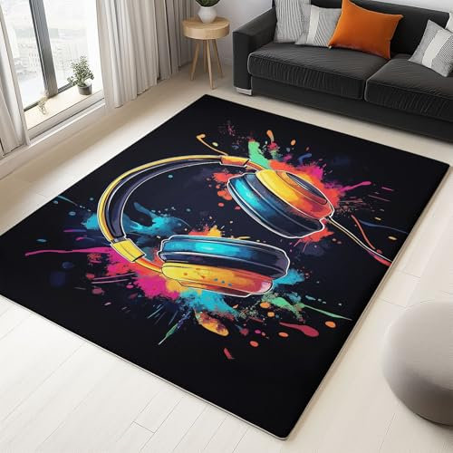 Teppich Wohnzimmer, 80 x 150 cm Waschbarer Weiche Teppiche rutschfest mit Greifer, Anime Aquarell Kopfhörer Kurzflor Teppich für Home Kinderzimmer Esszimmer Schlafzimmer, Bunt