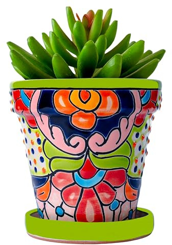 COBAZUL Mexican Pottery Planters - Talavera Planter - Succulent Pots - Ceramic Pots for Plants Indoor & Outdoor with Drainage Hole and Saucer - 4'' W x 4 H (Green-Small)