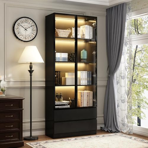 Caldion Vitrinenschrank mit 3 LED-Beleuchtung,Vitrine mit 2 Glastüren + 2 Schubladen,Pop-up-Design,Glasvitrine mit 5 Einlegeböden,Glasschrank Schwarz,für Wohnzimmer,Hartglas,80x36x200cm