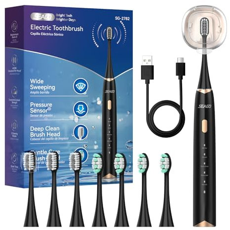 Seago Elektrische Zahnbürste mit Drucksensor, Ultraschallzahnbürsten und Zahnbürstenhalter, 2-Min-Timer, 5 Modi, 8 Bürstenköpfen, USB-C-Schnellladung, Aufhellung Der Zähne In 7 Tage, SG-2782(Schwarz)