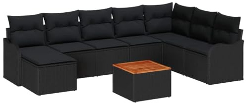 vidaXL 9-teiliges Garten-Sofa-Set mit Kissen | Schwarzes Poly-Rattan-Gartenmöbel für 5 Personen, inklusive Kaffeetisch, handgewebt und wetterfest, modulares Terrassenmöbel für Dein Wohnzimmer
