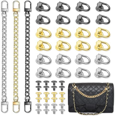 Remaches de Cuero, 24 Piezas Remaches de Anillo Con 3 Piezas Cadena Correas, 3 Colore Remaches de Cabeza Redonda para Cuero con Tornillos Para DIY Teléfono Móvil Caso Bolso Mochila