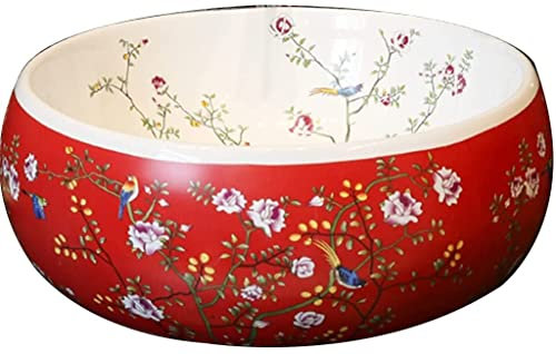 asdchZen Lavabo sobre Encimera De Cerámica China para Baño, Lavabo Individual con Diseño De Flores Y Pájaros, Color Rojo, 42 X 15 Cm.