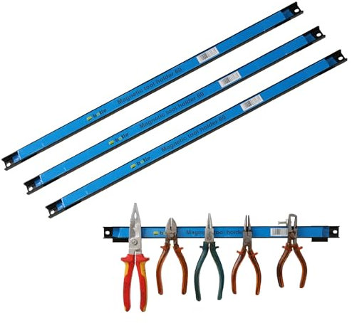 3 x Magnetische Werkzeugleiste Metallstreifen Länge 60 cm Schwarz Werkzeughalter Starker Magnet, mit Befestigungslöchern, Schrauben und Dübel inklusive für Schraubendreher, Zangen, Bohrer und mehr