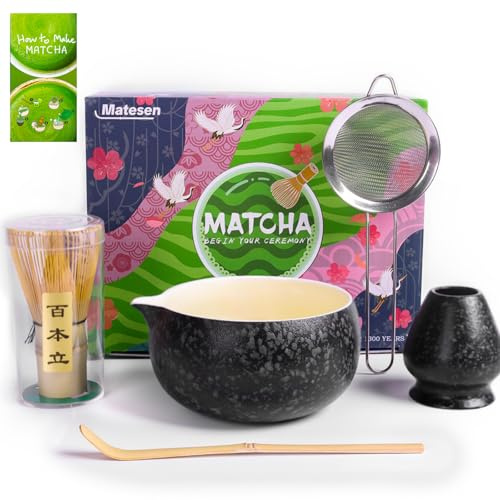 Matesen Matcha Set Schwarz, 5-teiliges Matcha Besen Set,Premium Starter Set, Matcha Tee Set mit Sieb Chawan und Besen, Zubehör für das traditionelle Matcha Tea Set für Freunde und Familie