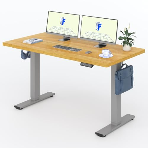 FLEXISPOT Höhenverstellbarer Schreibtisch Basic 140x80cm | mit Haken und 25mm EINTEILIGER Tischplatte, ergonomischer Schreibtisch mit LED-Höhenanzeige und Memory-Funktion (Ahorn,Grau)