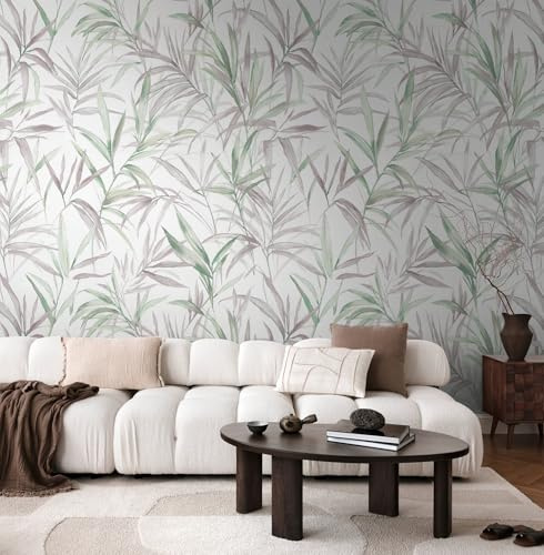 Livingwalls CosmoLiving Non-Woven Wallpaper with Leaf Design in Green, Purple, White – 8,80 x 0,53 m Floral Wallpaper by Cosmopolitan – 791452 | Floral leaf motif as a natural eye-catcher - matte motif wallpaper, easy to stick and peel off without leaving a trace