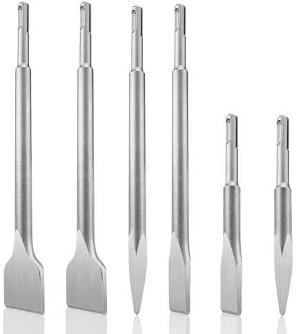 SDS PLUS 6 Stück Meißel-Set, Fliesenmeißel (2x Flachmeißel, 2x Breitmeißel, 2x Spitzmeißel), 40CR-Stahl SDS PLUS Meißel Set Langlebig & Scharf für Fliesen, Fliesenkleber, Beton, Naturstein, Mauerwerk