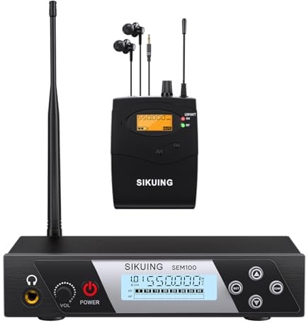 SIKUING Sistema de monitor intrauditivo inalámbrico, IEM profesional con transmisor de bolsillo y auriculares, 100 frecuencias UHF seleccionables, alcance de 75 m, sonido claro para músicos, cantantes