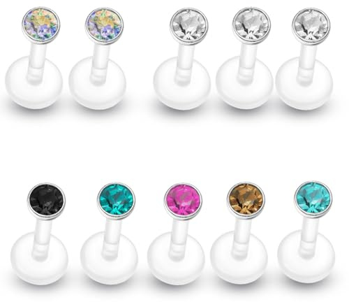 Soul-Cats 10er Set Bioflex Labret Piercing 1,2 mm x 8 mm – Piercingstab mit Kristall in 10 Farben – Lippenpiercing, Helix, Tragus, Medusa – Hypoallergen, Flexibel, Transparent