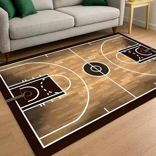 USHIRUG Sportlicher 3D Teppich für Wohnzimmer 70x140cm 3D-Basketballfeld Teppich in Junge Teenager Braun und Schwarz, Rutschfester, Kurzfloriger, Waschbarer Teppiche für Wohn Schlafzimmer Spielzimmer