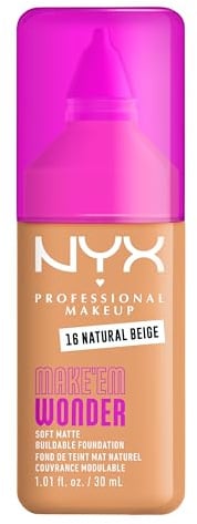 NYX Professional Makeup Make 'Em Wonder Foundation, 24H Soft Matte Aufbaubare Foundation, Mit hoher Deckkraft, Mattes Finish, 15 Natural Beige