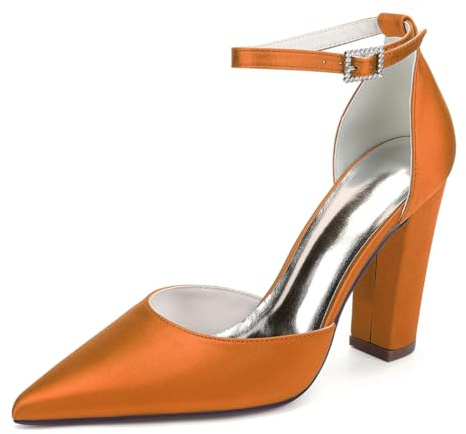 LRMYMHY Chaussures De Mariage en Satin À Bretelles De Cheville pour Femmes Talons À Talons Blocs Talons De Mariée À Bout Pointu,Orange,43 EU