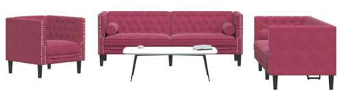 Mandloder 3-TLG. Chesterfield-Sofa-Set, Weinrot Samt, mit Nackenrollen für Wohnzimmer, Moderner Wohnkomfort, Couchgarnitur Polstermöbel Sessel 2-Sitzer 3-Sitzer