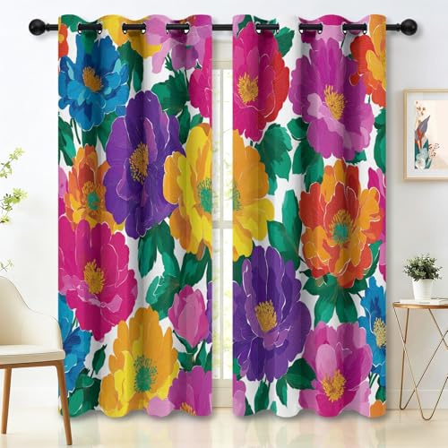 Minimalistische Blumen Design Lange Verdunkelungsvorhänge H260 x B140 cm (2er Set), Isolierende Deko für großes Wohnzimmer, Bunt