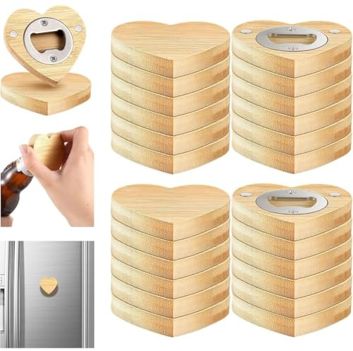 Kopinma 24 apribottiglie magnetici fai da te a forma di cuore, in bambù, 6,35 cm, personalizzabili, per frigorifero, per matrimoni e