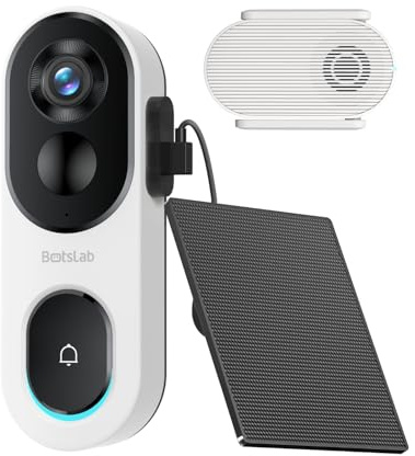 BOTSLAB Solar Powered Doorbell Camera Wireless, No Monthly Fee | IP66 Door Bell for Home Security, 2K Head-to-Toe View, Local Storage, Angle Mount, 2.4Ghz WiFi, 5200mAh Battery