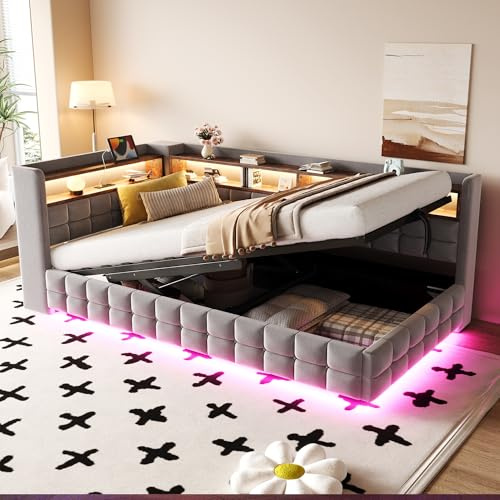 UIXENI Upholstered Sofa Bed 90 × 200 cm with Hydraulic Storage, Wooden Shelf, Slat Rust Support, Velvet (Light Gray)