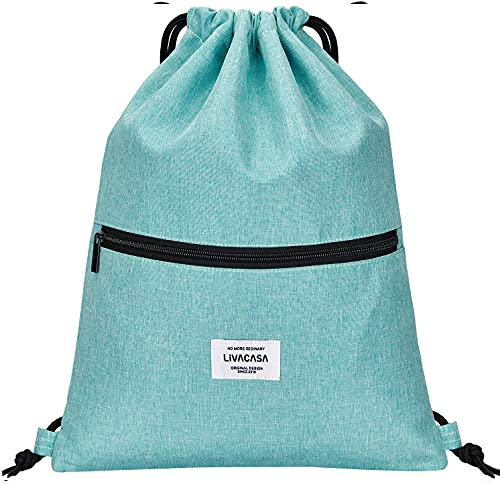 LIVACASA Turnbeutel Mit Reißverschluß Innentasche Sportbeutel Wasserdicht Hipster Beutel Seitentasche Gym Bag Gefüttert Rucksack Mit Verstellbar Tunnelzug Gymsack für Damen Herren Kinder Mintgrün