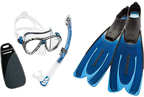 Cressi Big Eyes Evo Alpha Ultra Dry Schnorchelset Schnorcheln Set mit Schnorchel und Taucherbrille & Agua-Unisex Premium Flossen Self Adjusting zum Tauchen, Apnoe, Blau (Hellblau), 43/44