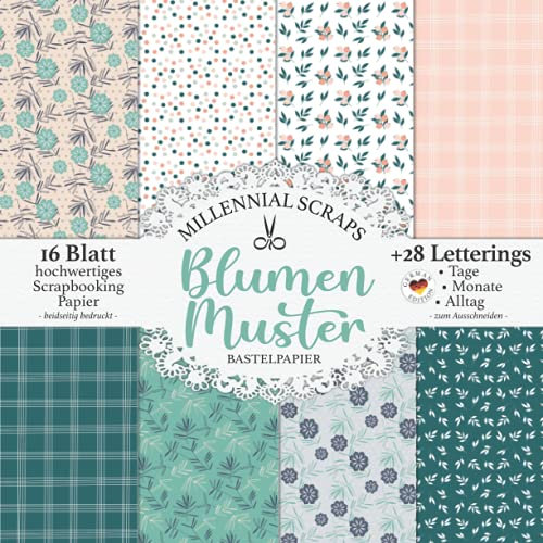Blumen Muster Bastelpapier: Florale Motive in Peach, Teal & Mint I Scrapbooking Papier & Zubehör I Zum Ausschneiden I Mit Letterings I Junk Journal Dekor I Washi Tape I DIY Karten Bastel Geschenk