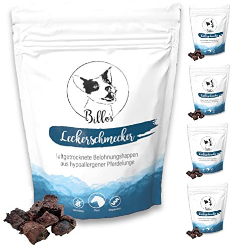 Leckerschmecker Pferdelunge für Hunde Getrocknet Hundeleckerli Hypoallergen Getreidefrei Würfel - Dörrfleisch Hunde Trockenfleisch Lungenwürfel Leckerlies | Billos Pferd Lunge 5er-Pack (5x50g = 250g)