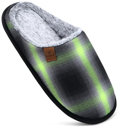 COFACE Herren Rückstellschaum hausschuhe, warme plaid Pantoffeln für manner, flauschig plüsch Gefüttert mit Rutschfeste Gummisohle Grün Schwarz Größe 46EU