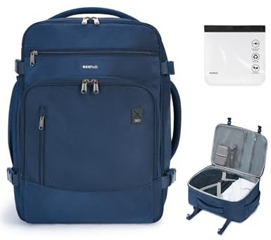 ECOHUB Easyjet Cabin Bag 45x36x20 Underseat Backpack with Clear Toiletry Bag - Large Front Organizational Pocket - Hand Luggage - Recycled PET Eco Friendly Carry On for Women & Men - 30L Blue