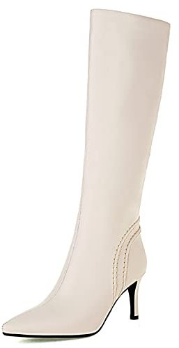Lroey Reoly Stivali Alti Fino Al Ginocchio da Donna, Stivali da Vestito Appuntito Tacco Alto Stivali Alti Zip, G2036Oo Beige Numero 33 EU