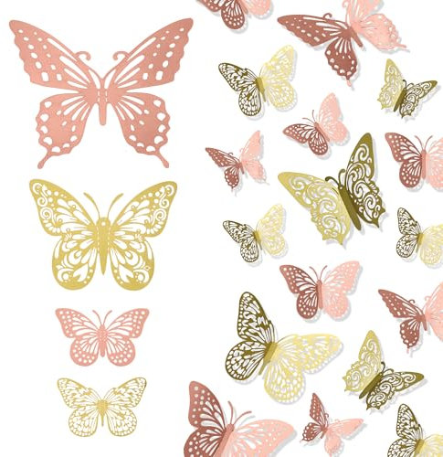 Papillon Decoration - Chambre Fille Stickers Porte, Décoration Chambre, Sticker Mural, Mélange Or Or Rose 24 Pièces