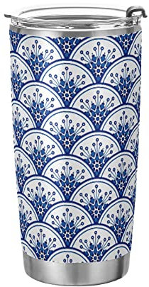 Anticsao Blue and White Floral Ceramic Tumbler with Lid and Straw, Insulated Stainless Steel Tumbler Cup, Double Walled Travel Coffee Mug Thermal Vacuum Cups for Hot & Cold Drinks 20oz
