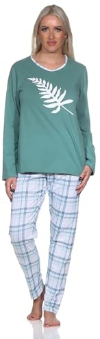 Normann Damen Jersey Pyjama Langarm in tollen Farben mit Karo-Muster und V-Hals