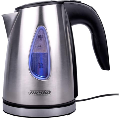 Mesko MS1351 Bouilloire Électrique 1 Litre, Acier Inoxydable sans BPA, Arrêt Automatique, 360° sans Fil, Résistance Cachée, 1630 W
