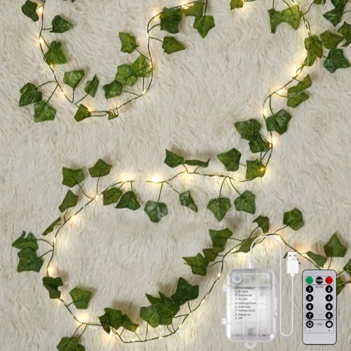 StarryEver LED Efeu Lichterkette Innen Batterie mit Fernbedienung Timer, 12M 120 LED Efeugirlande Lichterkette Außen Batterie mit Blumengirlande Hängend Pflanzen für Hochzeit Schlafzimmer Terrasse