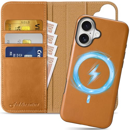 SHIELDON 2 IN 1 Magnet Hülle für iPhone 16 Plus 6,7 5G, Retro Hellbraun | Kabelloses Laden, Echtleder, Abnehmbar, Ständer, Stoßfest, RFID Blocker, Card Holder, Handyhülle, Klapphülle