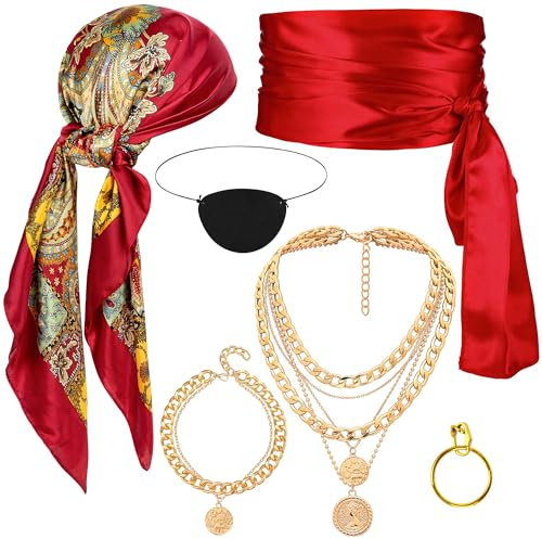 Amlisia 6 Stück Piraten Kostüm Zubehör Set, Damen Kapitän Piraten Kostüm Zubehör mit Bandana Kopftuch Schärpe Halskette Schmuck Augenklappe für Karneval Fasching Mottoparty (Rot)