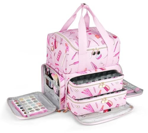 Extra Large Nail Polish Organizer Case Holds 80 Bottles and a Nail Lamp, Nail Organizers and Storage with 2 Removable Pouches, Travel Nail Supplies Carrying Bag for Nail Art Tech & Manicure Tools,Pink