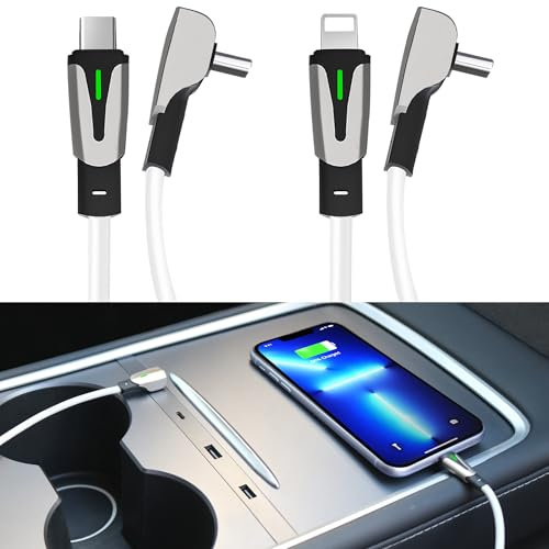 Leikaendi Type-C x 1 and PD x 1 90° Elbow Data Cable for Tesla Model 3/Y Car Owners, 1.2m Long 27W Fast Charging Compatible with Tesla Centre Console USB Hub Use