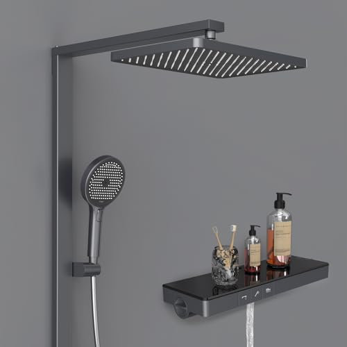 EMKE Colonne de Douche Thermostatique, Douche Manuelle 4-en-1, Barre de Douche avec Plaque Thermostatique de 40 cm, Douche Pluie Thermostatique, Anthracite Mat, 1050x401x573mm, Écran Numérique