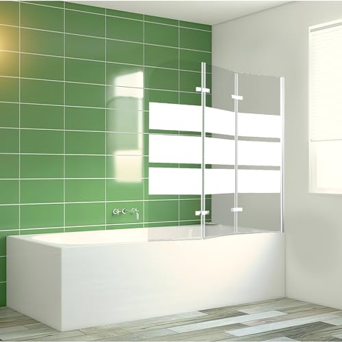 Vkechh Duschwand für Badewanne, 120x140cm 3-Teilig Faltbar Duschwand Badewanne,mit 6mm ESG Sicherheitsglas,Badewannen Duschwand Weiße Streifen,Glas Badewannenwand,mit Badewannenaufsatz