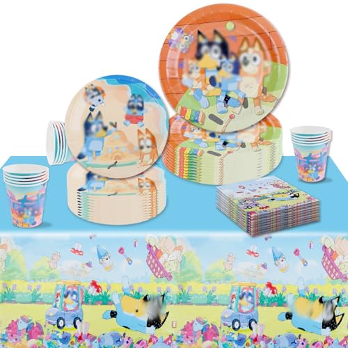 Blue Birthday Party Tableware Set,51Pcs Birthday Decorations ,Kids Cartoon Themed Party Supplies Set With Plates Cups Napkins and tablecloth