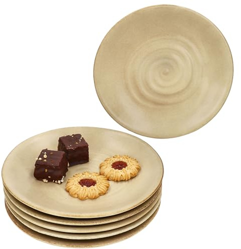 MamboCat CLAY BEIGE 6er Set Kuchenteller I Ø21,5cm I Dessertteller aus Steingut I beige mit Strudel-Dekor I für 6 Personen I kleine Teller für Salat, Dessert, Fingerfood & Co.