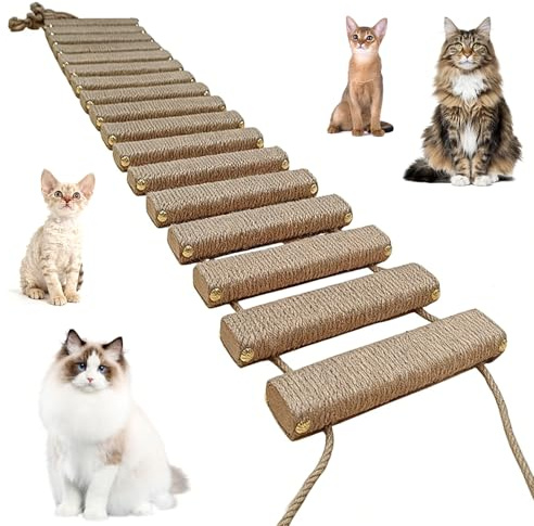 Kattstege 150 cm, kattstege bro av trä och sisalrep | Klätterställning för katter, aktivitetsmadrass, hängmatta, kattrappa för vägg, husdjursmöbler, khaki