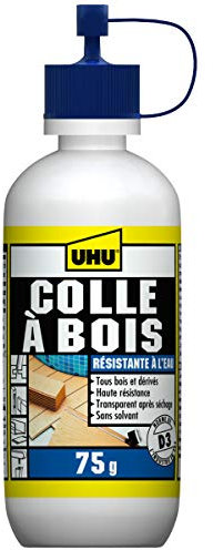 UHU Colle à bois waterproof- Plus forte que le bois, résiste à l'eau, l'intérieur et l'extérieur, D3, sans solvants, embout de précision, transparente, biberon 75g